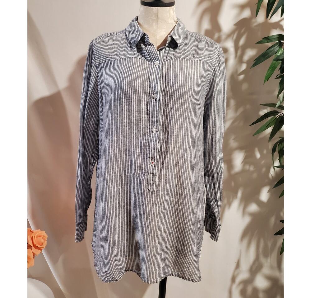Vtg Y2K Lucky Brand Railroad Stripe Linen Popover Button Collared Tunic Top Sz M
